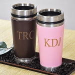 Whether youre heading out for a weekend getaway or commuting to and from work, let our Personalized Leather Travel Mugs be the perfect companion for your favorite coffee! Great for the environment and stylish in design, these super chic travel cups decrease the amount of disposable waste for the earth while providing you with something sleek and reusable. Each travel mug features a stainless steel frame, durable plastic liner, detachable lid and removable leather cover, which can be personalized with up to three block initials at no cost to you!