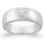 Genuine Diamond accents are pave set in a heart-shaped setting. Shimmering atop a band of hi-polished Sterling Silver. Personalize with the engraved message of your choice. Choose up to 25 letters & spaces. 