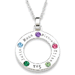 Why wait for a special occasion to gift Mom with an heirloom personalized pendant? Sterling Silver disc pendant is set with inlaid, faceted Austrian crystals and engraved with the names of her children, grandchildren, or loved ones. Choose up to 5 names (up to 7 letter per name) and corresponding birthstones. Pendant is suspended on a 20" rope chain.