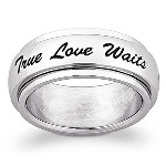 Stainless steel spinner design. Flat inner band with outer band that spins freely. Spinner band inscribed with True Love Waits...your promise and commitment. Names are engraved on the inside of band.