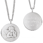 The angelic winged cherub atop this silvertone locket protects two 16mm or 5/8" photos of your loved ones! Personalize the back of the two-way locket with names, dates, or the heartfelt message of your choice. Well engrave up to 3 lines, 12 letters & spaces per line. 