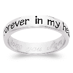 Remember a loved one taken too soon with this memorial sentiment ring. "Forever in my heart" is inscribed on the outside of the polished band. Cast in Sterling Silver and layered in Platinum for extra shine and durability. 