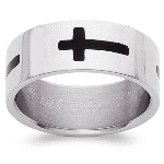 Laser-"tattooed" with four blackened enamel Latin crosses, this faith-affirming ring makes a powerful statement in polished Stainless Steel. Personalize the inside of the 8 mm band with up to 25 letters and spaces. Great for birthday gifts, confirmation or communion gifts as well as anniversary and special occasions.