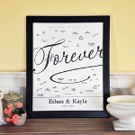 Have a keepsake youll treasure forever with our Forever Love Canvas Signature Guest Book. Fashioned in artistic canvas, this unique guest book alternative features a modern, black veneer frame, free personalization and endearing textual design... easily creating a warm environment your wedding guests will gladly interact with as they leave their names and well wishes for your big day celebration. A whimsical substitute to the traditional guest book, this framed canvas easily transfers into beautiful wall or mantle art for your home long after the "I dos" are done. It truly is a decorative treasure youll enjoy throughout the years! Set includes personalized canvas, black wood veneer frame and plexiglass cover. 