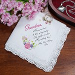 Our Personalized Wedding Handkerchiefs make wonderful personalized gift for any member of your family or wedding party. This joyous occasion may cause for a few tears to be shed, prepare your Mom, Grandmother or favorite Aunt with their own Personalized Ladies Handkerchief. Our Personalized Wedding Handkerchiefs are available on our 13"square Crochet Lace handkerchief. Soft to the touch. Machine Washable. Includes FREE Personalization! Personalize your Wedding Handkerchief with any name or title, the Bride or Grooms name and wedding date.