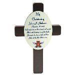 Christenings are an important milestone in a child’s life and should be recognized with class with our My Christening Cross Plaque. This wooden Cross shaped plaque is designed in elegance and reads “My Christening” along the top and the child’s name and date under it. The message reads “God made the world so broad and grand, filled with blessings from His hand. He made the sky so high and blue and all the little children too”. Under the message there is a display of a teddy bear angel. This touching and heartfelt plaque can be hung anywhere and is the perfect gift for a christening! Can also be personalized for a baptism. Measures 11" x 7".