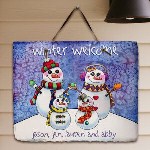 Your adorable Snowman Family Slate Plaque creates a wonderful holiday greeting to everyone who visits during Christmas. This festive Winter Designed Slate Plaque is personalized with your loving family and can be hung on the walls of your home or used as a unique welcome sign outside your front door. 