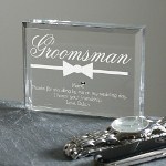 Our exquisite clear Personalized Groomsman Keepsake stands 3" x 4" with soft edges measuring 1/2" thick. Custom Keepsake Includes FREE Personalization! Personalize with any title (i.e. Groomsman, Best Man, or Usher) and an ending sentiment with a four line custom message. Engraved Keepsake make perfect gifts for Groomsmen, Best Man or any friendship gift.