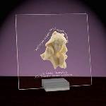 This beautiful glass plaque has rounded corners and is decorated with a sweet sculpture of a young girl praying that is made of stone resin. The plaque reads "May the love of Jesus Christ be with you always." and can be personalized with two additional lines of text. Acrylic display stand is included. Plaque measures 6 1/2" x 6 1/2".