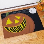 Halloween will be extra scary this year with your own Personalized Halloween Doormat welcoming little ghosts & goblins on Halloween along with family & friends. Dress up your house with a festive Jack O Lantern Doormat. This Halloween Doormat is an Unique Halloween Gift perfect for your upcoming Halloween costume party. Your Custom Printed Halloween Pumpkin Doormat measures 18" x 24". Personalized door mat is 1/8" fleece smooth with latex action backing and white bound edging. Halloween doormat includes FREE personalization! Personalize your Halloween floormat with any family name. (ie. Tuchler)