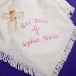 Bundle your little pride and joy in this luxuriously soft, Personalized God Bless Baby Afghan. Your adorable little angel will nestle comfortably with this custom embroidered afghan. A precious gift for a baby girls Baptism, Christening or Birthday. 
