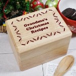 Personalized Christmas Recipe Box - Engraved Christmas Kitchen Recipe Box Light up your Grandmas Christmas with her very own Personalized Christmas Recipe Box. A great place for her to keep all of her precious holiday recipes safe and ready at a moments notice to whip up something fabulous for her grandchildren & family.