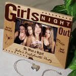 Personalized Girls Night Out Wood Picture Frame - Engraved Girlfriend Party Picture Frame Give all of the Girls, their very own Personalized Picture Frame to remember that last special night you all spent together. A fabulous night out on the town with your BFFs is one to cherish & treasure with a beautifully engraved picture frame. Our Girls Night Out Personalized Wood Picture Frame measures 8 3/4"x 6 3/4" and holds a 3.5" x 5" or 4" x 6" photo. Personalized Wood Picture Frame also includes an easel back for desk display. 