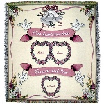 A beautifully designed tapestry print with a creamy background and pink accents makes this throw a uniquely wonderful gift for a wedding or anniversary celebration. The couple’s first names will be in each of the two hearts side by side with either their wedding date or anniversary date in the third heart. This 46” x 60” throw will be a nice tribute to the happy couple and a beautiful display on a sofa. Made in the USA. 
