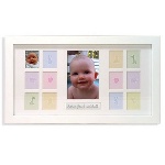 This white wooden baby frame makes a great way to display a new baby’s first year growing up. This unique baby picture frame holds a 4” x 6” center photo and a wallet sized picture for each month of the baby’s first year, chronicling the changes as they occur. With the child’s name personalized under the center photograph, this display will be cherished for the rest of the young one’s life. Frame measures 17.5" x 1" x 10.25". 