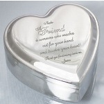 Give this beautifully Engraved Jewelry Keepsake Box to your Friends, Sisters, Mother or Grandmother as a wonderful way to say thank you for joining you on your special day. Anyone who receives this classy keepsake box will cherish and enjoy it for years to come. Your Personalized Silver Heart Jewelry Box is a heart shaped jewelry box with a bright silver-plated removable top and bottom. Inside of the heart features a soft, blue felt to protect your precious jewelry. Measures 3 1/2"L x 3 1/2"W x 1 1/2"H. Includes free personalization! Engrave your Silver Heart Jewelry box with any any name, title (i.e. Friend) and any two line message.