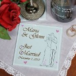 Decorate your reception bar, wedding tables and create fabulous wedding favor with our Personalized Just Married Drink Coasters. A fun and unique way for everyone attending your reception to remember your special day. Your Personalized Wedding Drink Coasters measure 3.94" x 3.94" and include scratch resistant, rubber feet to protect your furniture. Each order of Personalized Coasters includes 4 glass coasters. Includes FREE personalization. Personalize your Just Married Beveage Coasters with any couples names and wedding date. (ie. Maria / Glenn/ November 1, 2010 )