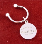 Remember your special loved one with our stylish round silver valentine key chain. Round silver key chain for Valentines day is 3.25" long and features a dangling spherical key chain attached to a horseshoe shaped ring for keys. Our key chain features the words "return to" on the same side upon which you include your name, so that if anyone finds your love they may return them to you. Add more distinction to this key chain for valentines day gift by adding your recipients name on opposite side of round silver key chain. Returnable key chain makes a lovely Valentine present that will always be treasured.
