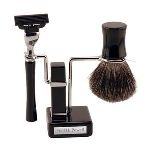 This black chrome shaving set will make a sophisticated addition to any washroom. The heavy 4" enamel base holds a badger brush, a mach 3 razor and a shaving bowl. Make this gift truly special when personalized with initials.  Personalization information: Personalize this gift with the recipients name.