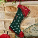 Personalized Advent Calendar Stockings - Embroidered Family Christmas Stockings This beautifully embroidered Personalized Advent Calendar Stocking lets the family keep track of the days remaining until Christmas. Your Embroidered Family Christmas Stockings measure 12" x 19" with a festive Christmas design. Each Christmas Stocking includes a pocket for every day of December leading to Christmas a long with an attached brass bell to mark the current day. Includes FREE Embroidery. Personalize your Advent Calendar Stocking with any name in gold lettering. (ie. Nicholas ) Each Christmas Stocking can be personalized uniquely with up to 14 letters or spaces.