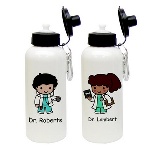 Capture the character of a favorite doctor in your life, with this unique character doctor aluminum water bottle. Each 600 ml water bottle comes with an o-ring, spout with cap and a carabiner, and features a doctor caricature complete with scrubs, a lab coat and even a stethoscope! Choose the gender, skin tone and hair color of your doctor character, and place the recipients name underneath. This fun and practical gift eliminates the need for recycling used water bottles, and for misplacing them; this customized version makes it easy to identify to whom the bottle belongs! Personalization Information: Personalize this gift with a name, skin tone color, gender and hair color.