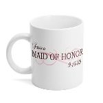 The perfect way to thank your maid or honor for all the help and support during the busy pre-wedding preparations. This elegant mug can be personalized with a name, and the wedding date. This bright white hard coated ceramic mug has a glossy finish and holds 11 ounces of your favorite drink. Personalization information: Personalize this gift with a date and the recipients name.