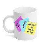 This fun mug is a great way to show a bit of appreciation towards an employer. The sticky notes can be personalized with a message. This bright white hard coated ceramic mug has a glossy finish and holds 11 ounces of your favorite drink.