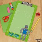 Your little Robot enthusiast will be extra excited about school starting when he has his own Personalized Robot Clipboard. This Clipboard is great for your child to clip homework and papers onto when the family is on the go. They are also good to use as dry erase boards for doodling and entertaining as well. Personalized Clipboards make an excellent Back to School Gift any little boy is sure to love. 