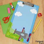 Flying to school will be so much fun when your little guy has his Personalized Airplane Clipboard. Personalized Clipboards are great for your child to clip homework and papers onto when the family is on the go. They are also good to use as dry erase boards for doodling and entertaining as well. Personalized Clipboards make an excellent Back to School Gift any little boy is sure to love. 