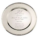 Celebrate a silver wedding anniversary with our 25th Anniversary plate. This special personalized 25th wedding plate will be treasured for years, and happily displayed in the recipients home. The 25th Anniversary Plate can be personalized with the recipients name, anniversary date and a special message or quote. This silver plated anniversary plate measures 12" in diameter and makes a perfect anniversary gift. An easel is included for displaying the anniversary plate.