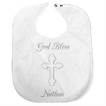 Our God Bless...Personalized Christening Baby Bib is available on our premium white cotton/poly Personalized trimmed Bib. Machine washable in one size. 