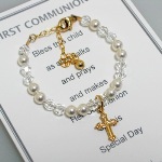 A special bracelet on a very meaningful day, our communion bracelet is created using swarovski pearls and crystals (gold clasp, chain and cross). The communion bracelet makes a great gift for anyone celebrating their first holy communion and can be an especially meaningful gift from parents, grandparents or godparents. Choose between the standard card or personalize the poem card with the name and/or communion date. 