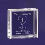 This Tiny keepsake is decorated with a chalice, and reads Communion along the top. This small keepsake will surely be treasured for many years. These adorable keepsake blocks come with a velvet pouch to keep them dust free. Blocks measure 2 1/2" x 2 1/2" and are 1" thick, so they can stand on their own.