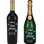 Celebrate a 21st birthday with our keepsake personalized bottle of wine or champagne. Each etched wine or champagne bottle is exquisitely etched and engraved, then skillfully hand-painted, creating a stunning piece of artwork for you or your lucky recipient! Then each etched wine or champagne bottle is custom personalized with any message you choose. 