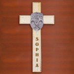 Hang this beautifully Personalized First Communion Cross above your childs bed. It looks great and expresses to your little darling that she is always loved. Our Personalized Natural Oak with Pewter First Communion Medal Wood Wall Cross measures 4"w x 8"h and is ready for wall mounting. Includes FREE Personalization! Personalize your First Communion Personalized Wood Wall Cross with any first name.