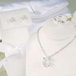 Designed specifically to reflect your flower girls duty, our Iridescent Petals Flower Girl Jewelry Set is absolutely too cute! Featuring blossoming flowers crafted of crystals, this set is sure to make her sparkle! Set includes silver necklace, pierced earrings, adjustable ring and a complimentary white satin purse embroidered with a first name. Available in silver and clear crystal. Details: Size: Necklace measures 14 inches long. Materials: Silver-plated metal and crystals Embroidery Options: The complimentary white satin purse may be embroidered with a block first name (max of 12 characters) in pink thread at No Additional Cost. 
