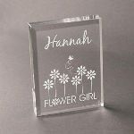 What better way to thank that special little flower girl than with this adorable acrylic keepsake. The whimsical flowers and floating butterfly design will be sure to please any little girl. She will feel extra special when she sees her name engraved at the top, along with the important title of Flower Girl etched at the bottom. The 4" x 3" acrylic is perfectly sized to display on a shelf or nightstand, and will make a cheerful addition to any little girls bedroom decor.