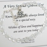 Send wishes of love and happiness to a special godmother any time of year or for a special holiday, religious occasion or celebration. Swarvoski crystals and sterling silver with an adjustable clasp and sterling silver godmother charm. 