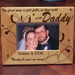 The first man a girl falls in love with...is her daddy. Remind your dad just how much he means to you and how your love for him will not change on your wedding day. Our Personalized "...Is her Daddy" Wedding Wood Picture Frame measures 8 3/4"x 6 3/4" and holds a 3½"x5" or 4"x6" photo. Easel back allows for desk display. 
