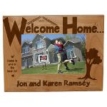 Home is where the heart is with our Welcome Home Personalized Wood Picture Frame measuring 8 3/4"x 6 3/4" and holds a 3.5"x5" or 4" x 6" photo. Personalized Photo Frame also includes an easel back for desk display. Your Personalized Wooden Picture Frame Includes FREE Personalization! Personalize your Wood Photo Frame Gift with any one line Custom Message. (ex. Bryant Family or Jim and Sue Reynolds) Makes a great gift for a housewarming party.