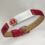 This adjustable watch style dark pink leather diabetes bracelet can be engraved on back. Front is pre-engraved in (white) laser with the word "Diabetes". Adjusts from 5 1/2 to 7 inches in length. Plaque size is 1 1/4 by 3/8 inch.